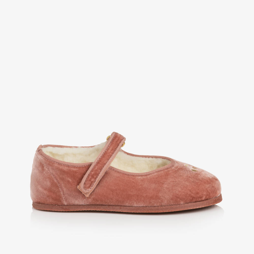 Bonpoint-Girls Pink Velvet Fleece-Lined Ballerina Pumps | Childrensalon