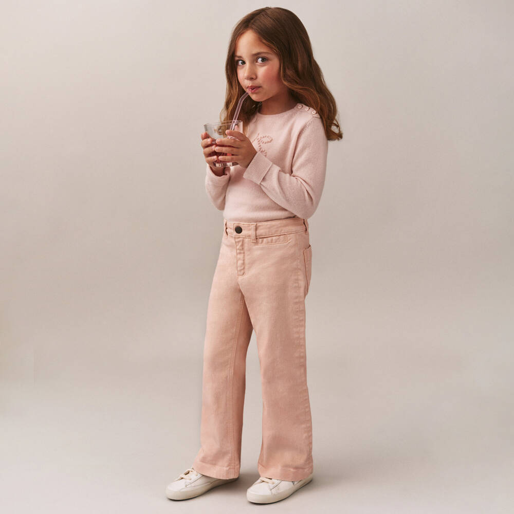 Bonpoint-Girls Pink Wide Leg Denim Jeans | Childrensalon