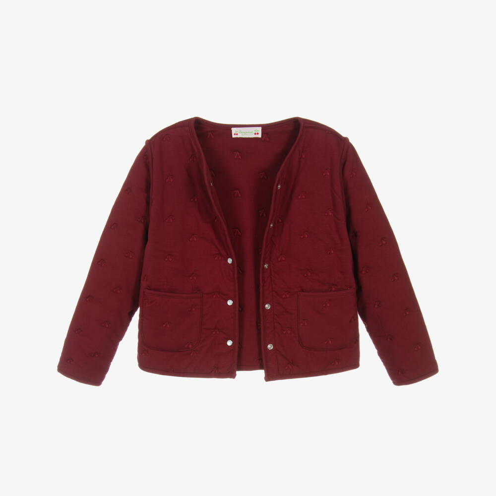 Bonpoint-Girls Red Cotton Jacket with Embroidered Cherry Logos | Childrensalon