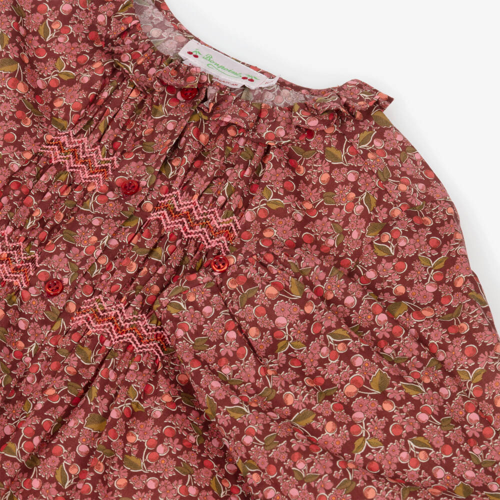 Bonpoint-Girls Red Cotton Smocked Blouse with Cherry Liberty Fabric | Childrensalon