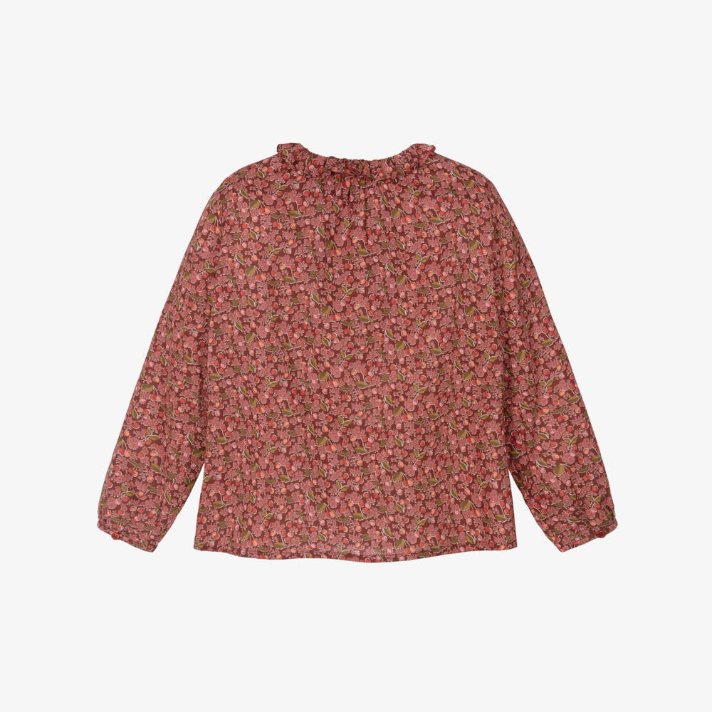 Bonpoint-Girls Red Cotton Smocked Blouse with Cherry Liberty Fabric | Childrensalon