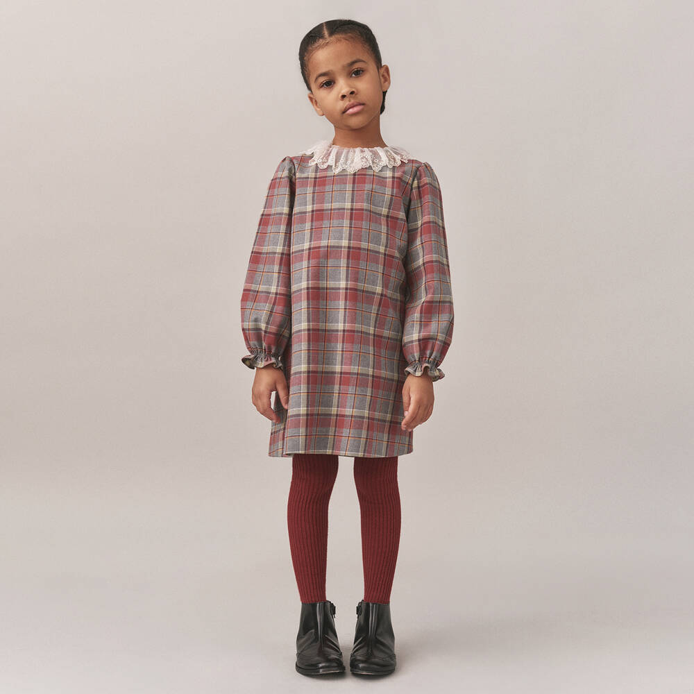 Bonpoint-Платье красно-серое в клетку с кружевным воротником | Childrensalon