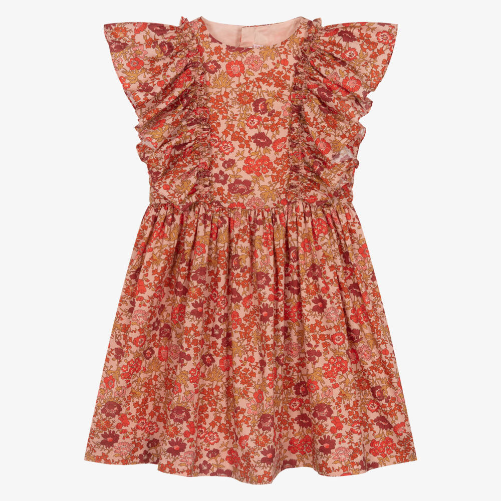 Bonpoint-Girls Red & Orange Cotton Floral Print Liberty Fabric Dress | Childrensalon