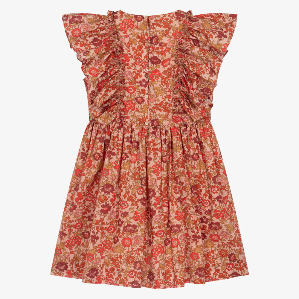 Bonpoint-Girls Red & Orange Cotton Floral Print Liberty Fabric Dress | Childrensalon