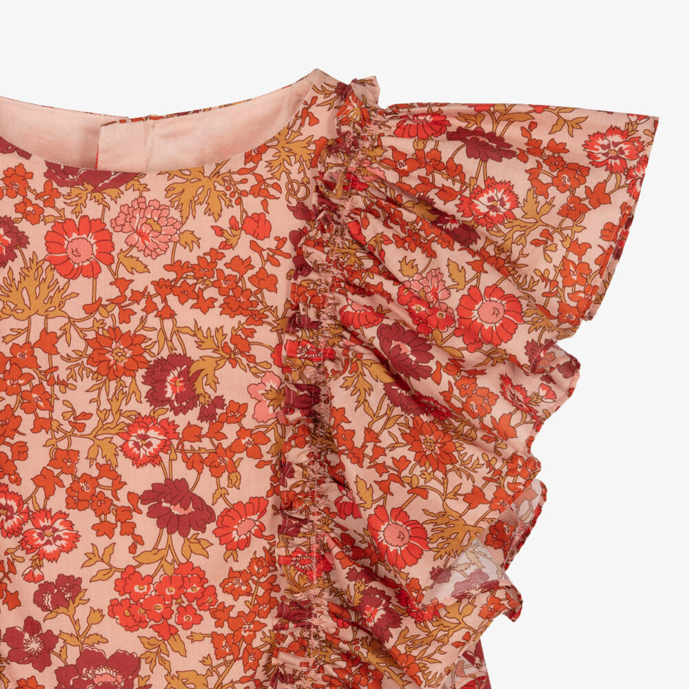 Bonpoint-Girls Red & Orange Cotton Floral Print Liberty Fabric Dress | Childrensalon