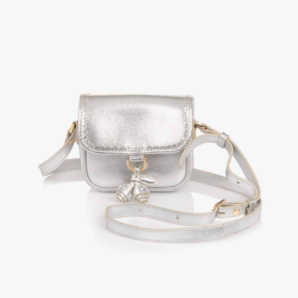 Bonpoint-Girls Silver Leather Handbag with Cherry Charm (13cm) | Childrensalon