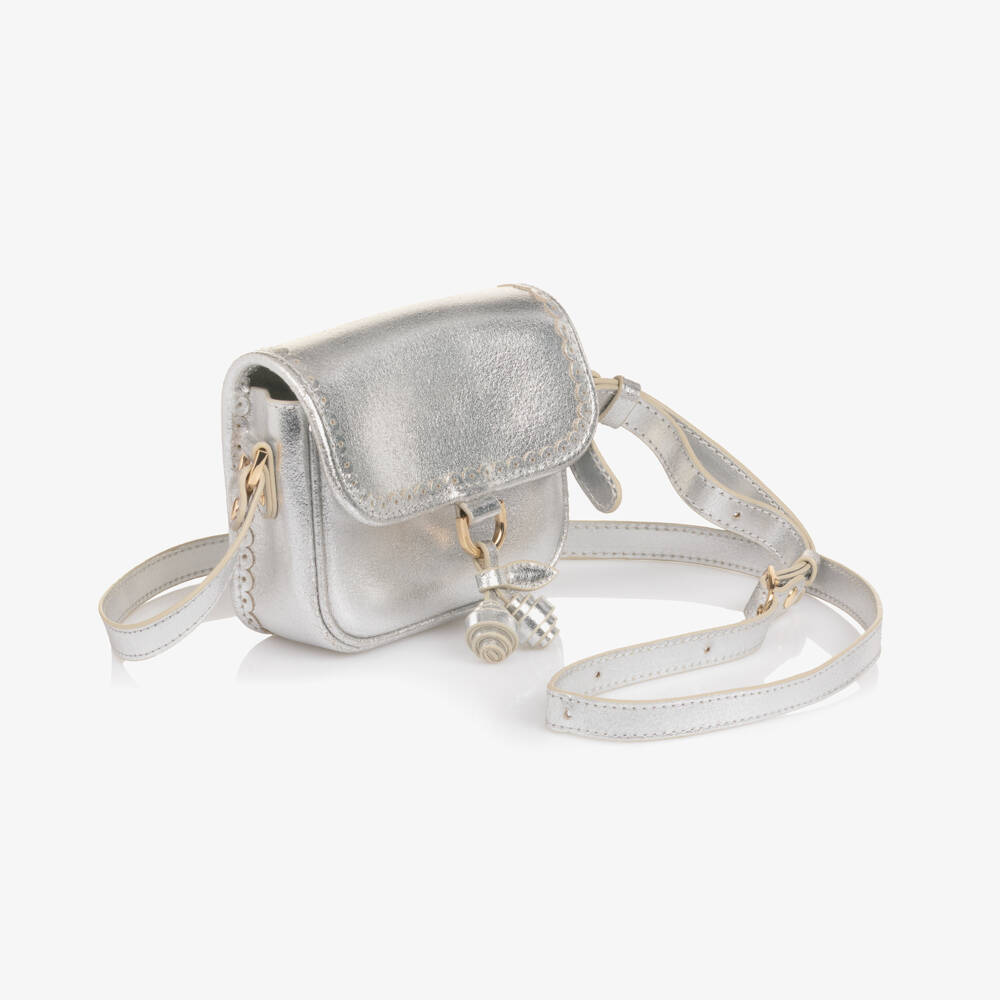 Bonpoint-Girls Silver Leather Handbag with Cherry Charm (13cm) | Childrensalon