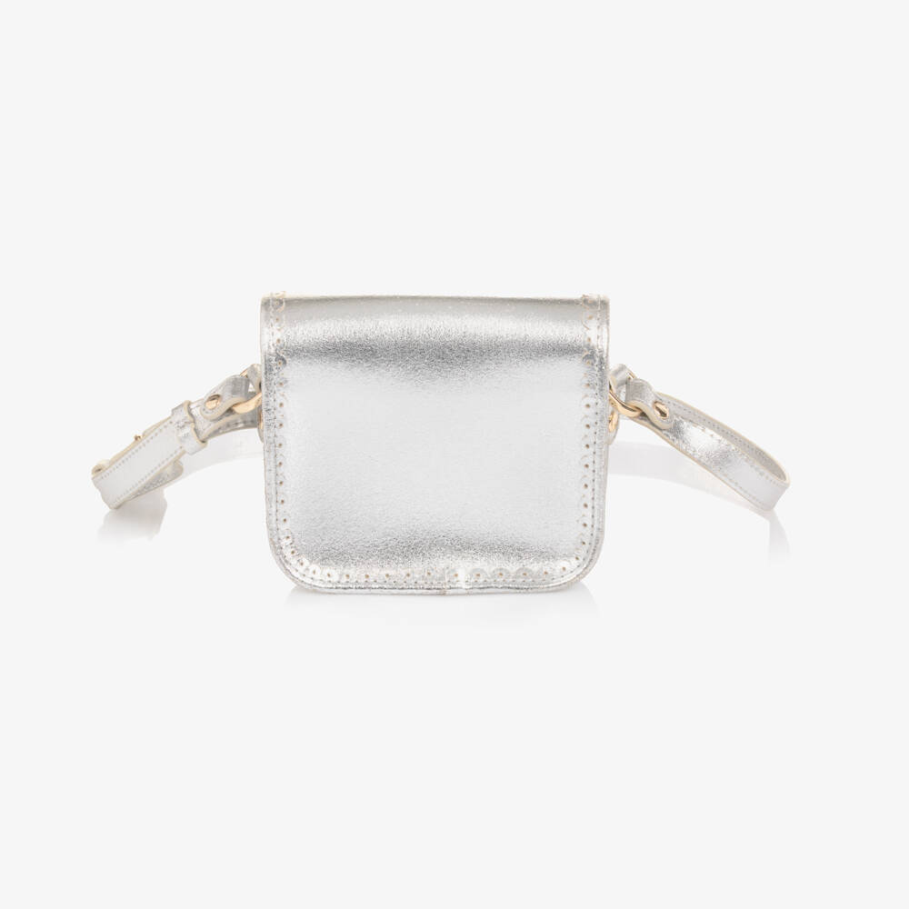 Bonpoint-Girls Silver Leather Handbag with Cherry Charm (13cm) | Childrensalon