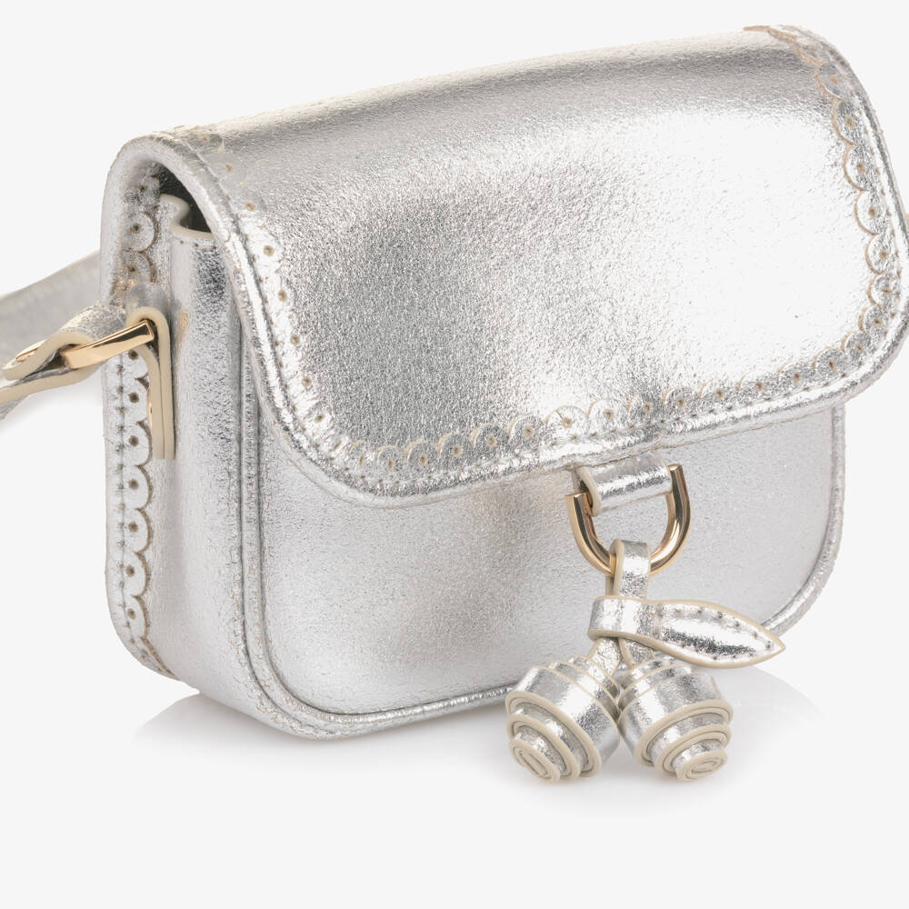 Bonpoint-Girls Silver Leather Handbag with Cherry Charm (13cm) | Childrensalon