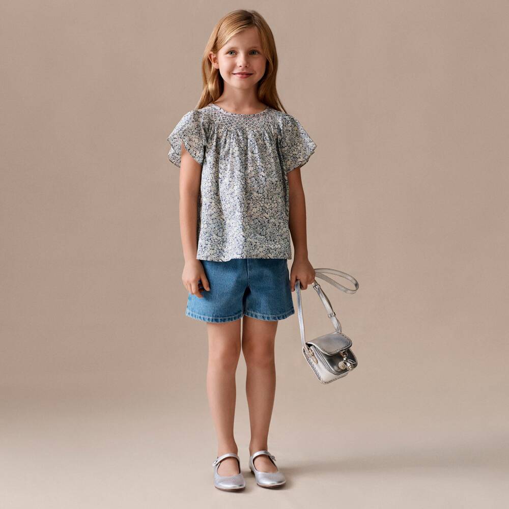 Bonpoint-Girls Silver Leather Handbag with Cherry Charm (13cm) | Childrensalon