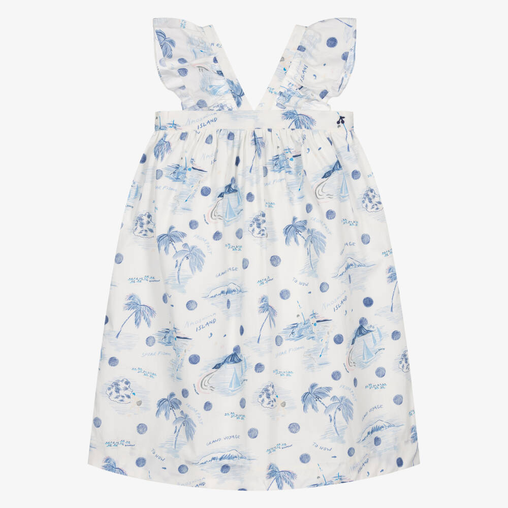 Bonpoint-Girls White & Blue Cotton Palm Tree Print Dress | Childrensalon