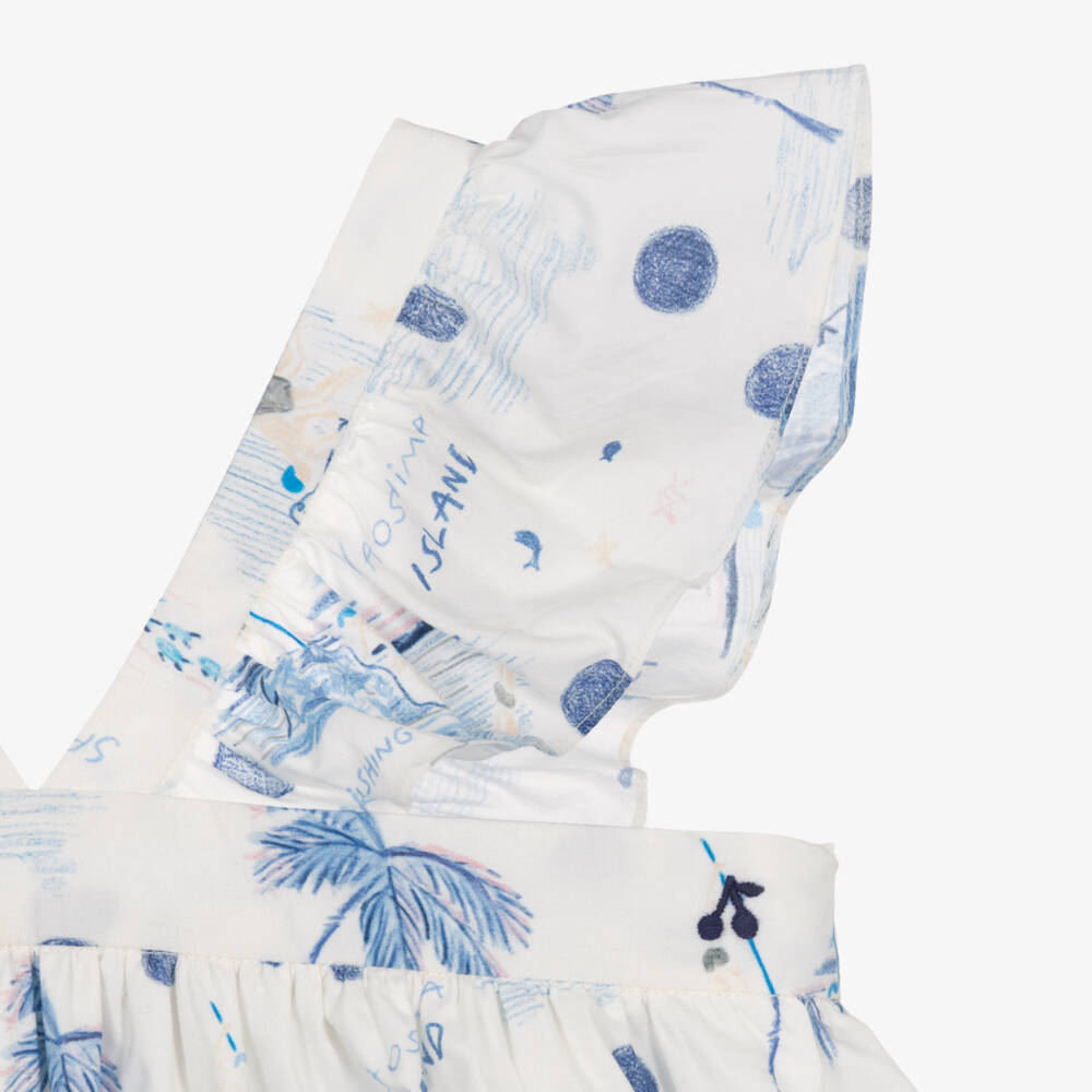 Bonpoint-Girls White & Blue Cotton Palm Tree Print Dress | Childrensalon