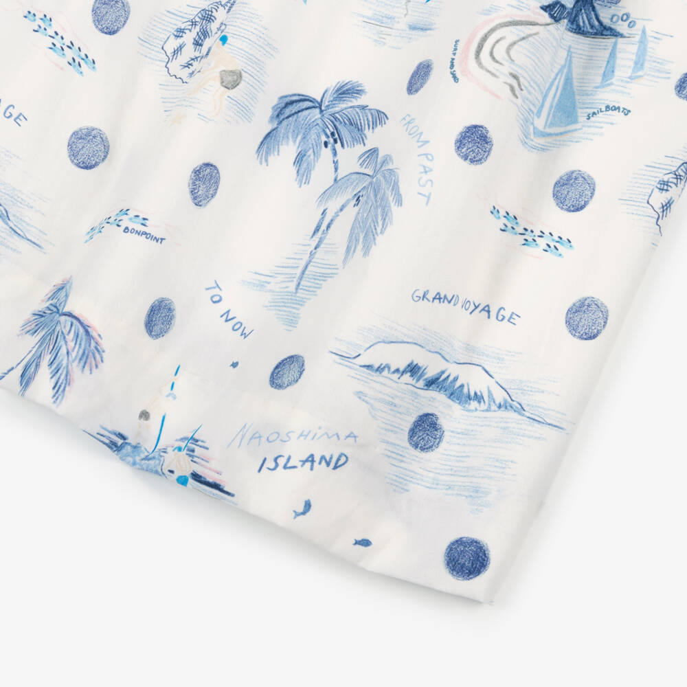 Bonpoint-Girls White & Blue Cotton Palm Tree Print Dress | Childrensalon