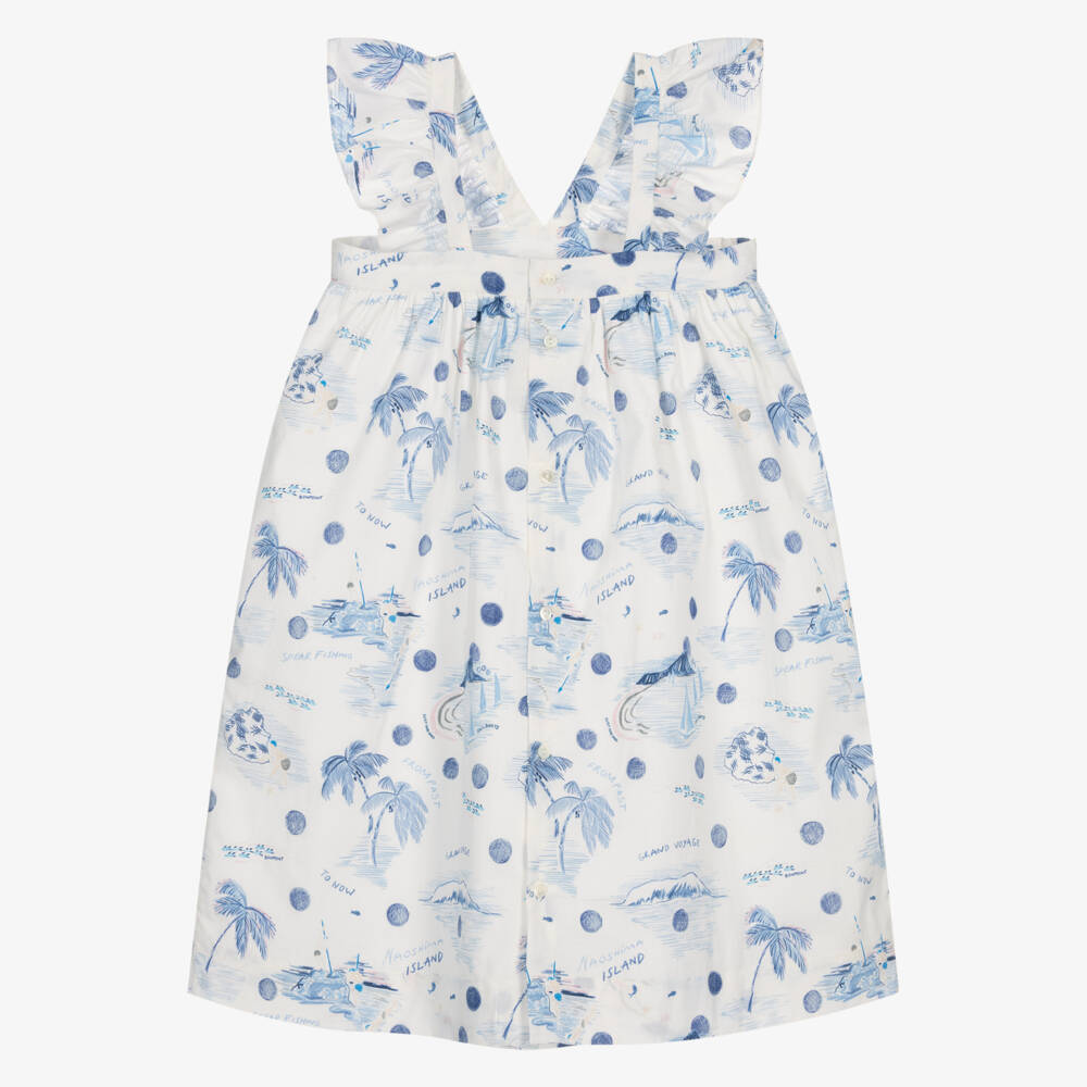 Bonpoint-Girls White & Blue Cotton Palm Tree Print Dress | Childrensalon