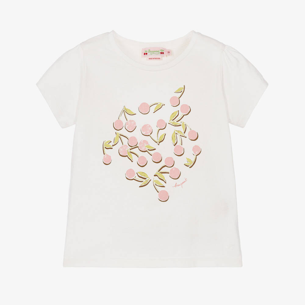 Bonpoint-Girls White Cotton T-Shirt with Pink Cherry Print | Childrensalon