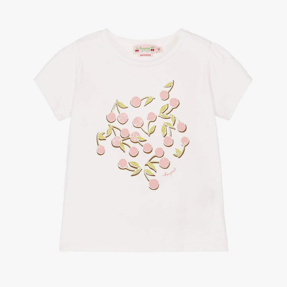 Bonpoint-Girls White Cotton T-Shirt with Pink Cherry Print | Childrensalon