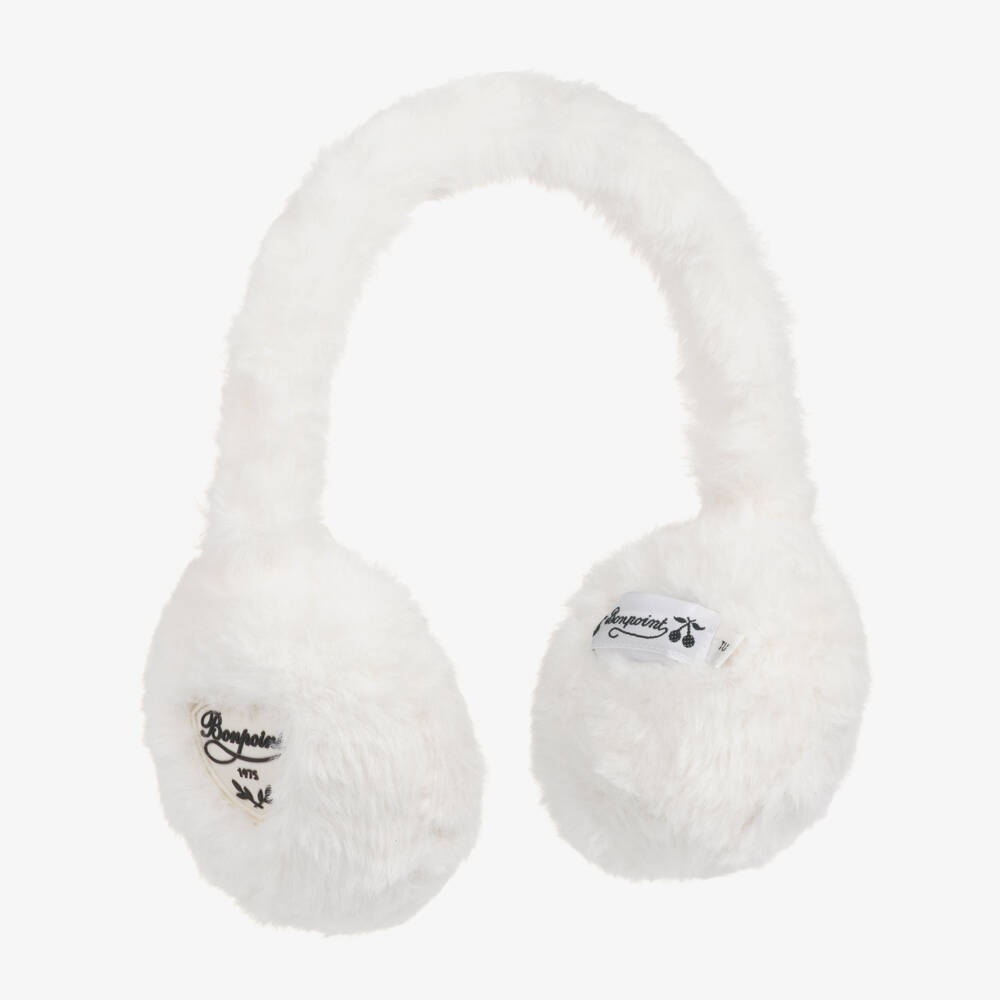 Bonpoint-Girls White Faux Fur Branded Ear Muffs | Childrensalon