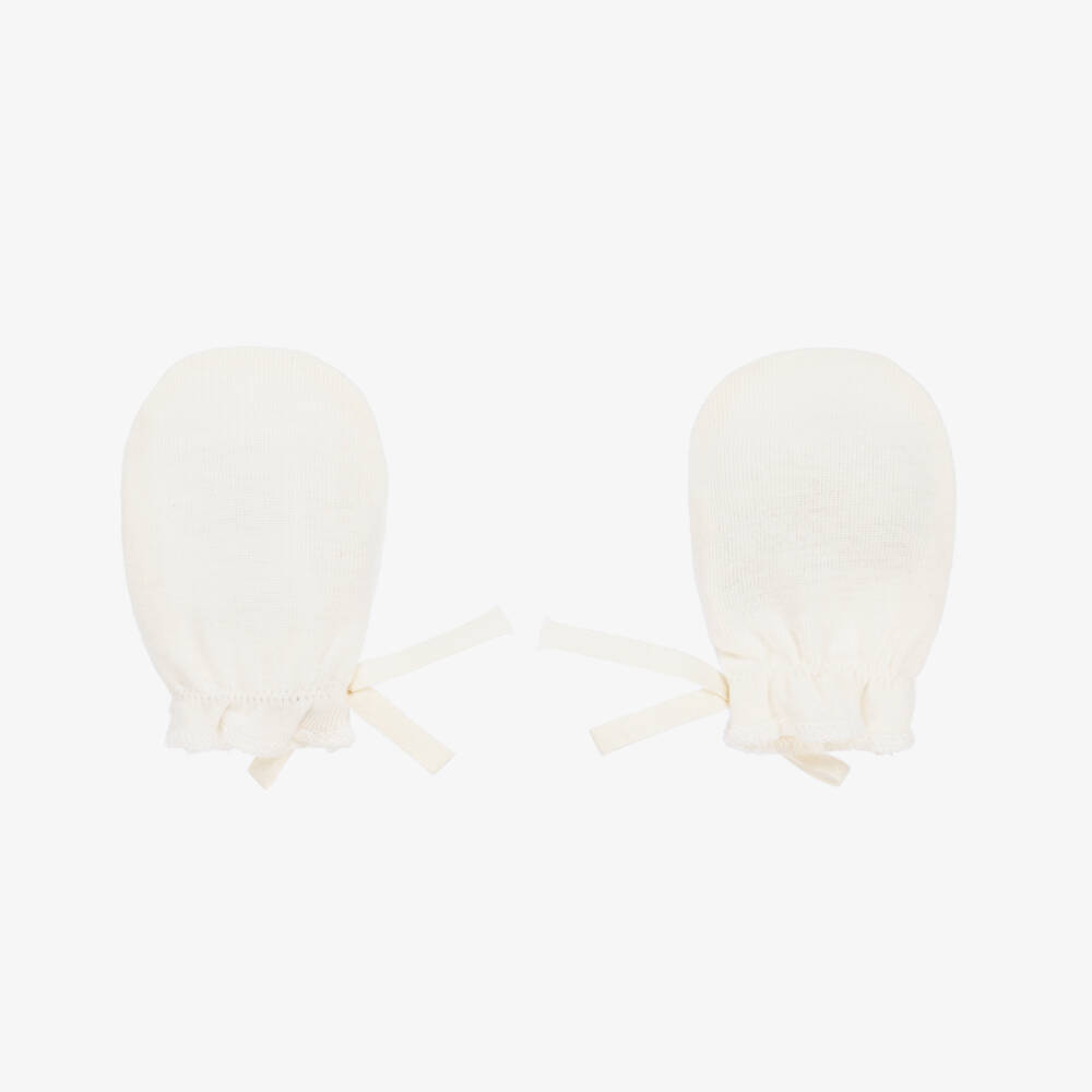 Bonpoint-Ivory Cotton Scratch Mittens With Bows | Childrensalon