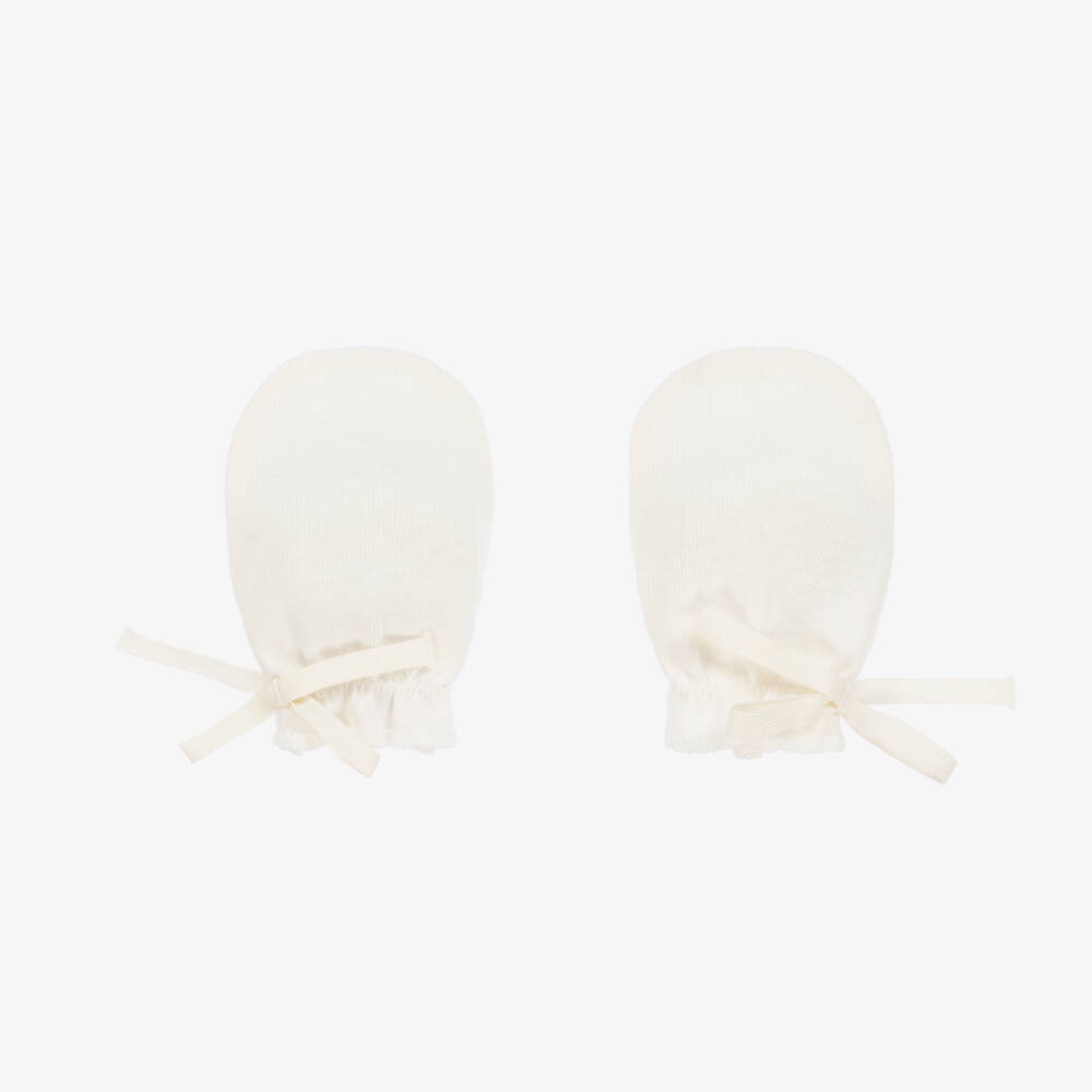 Bonpoint-Ivory Cotton Scratch Mittens With Bows | Childrensalon