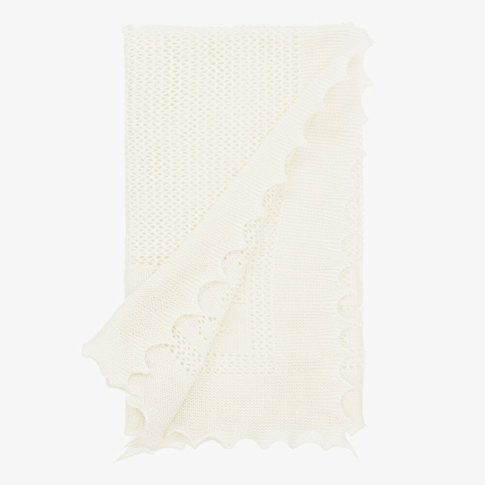 Bonpoint-Ivory Knitted Scalloped Edge Baby Blanket (90cm) | Childrensalon