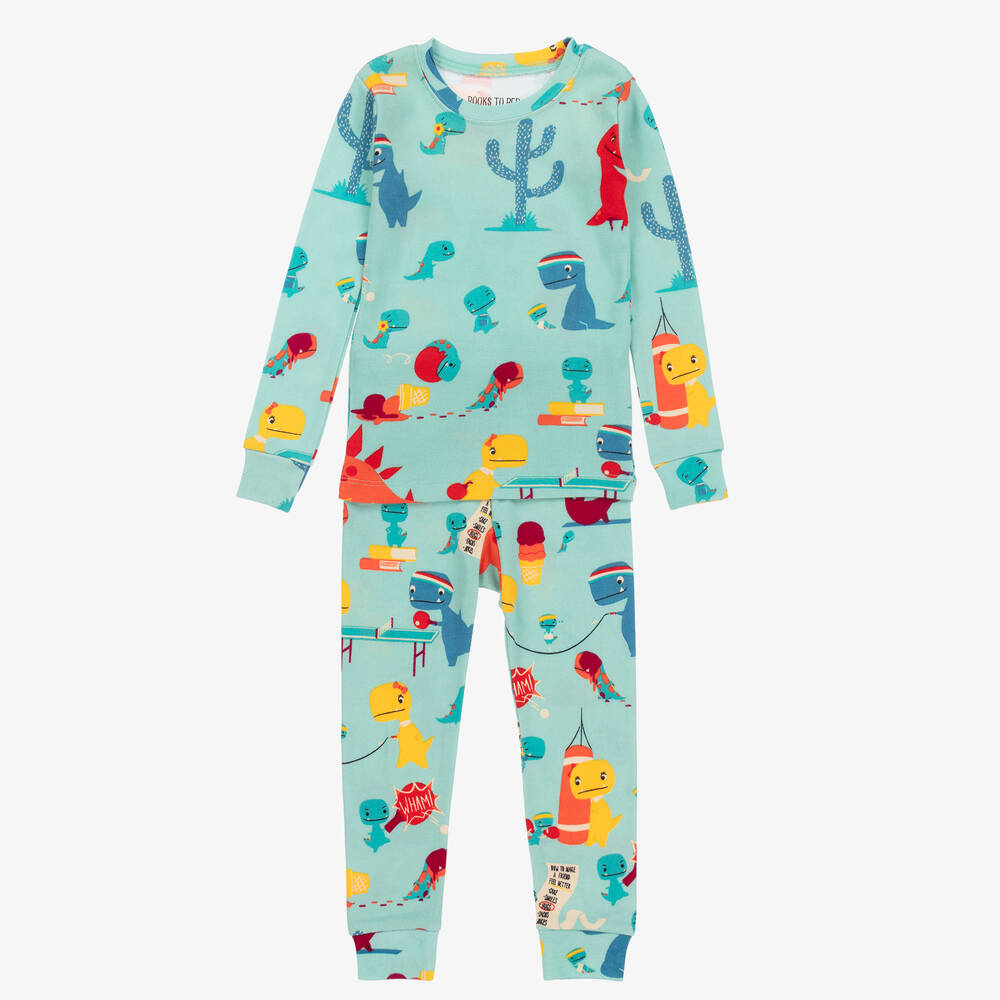Books to Bed-Boys Green Cotton Dino Pyjamas & Book Set | Childrensalon