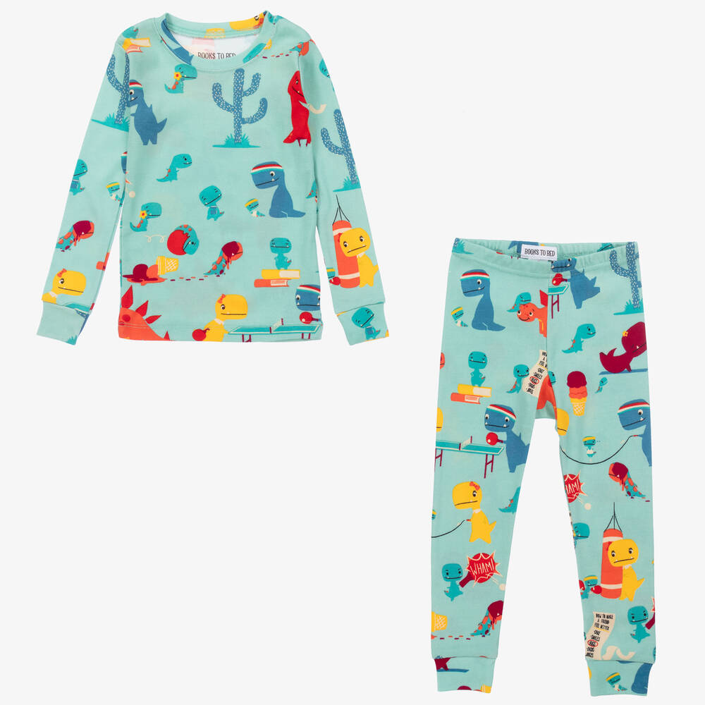 Books to Bed-Boys Green Cotton Dino Pyjamas & Book Set | Childrensalon