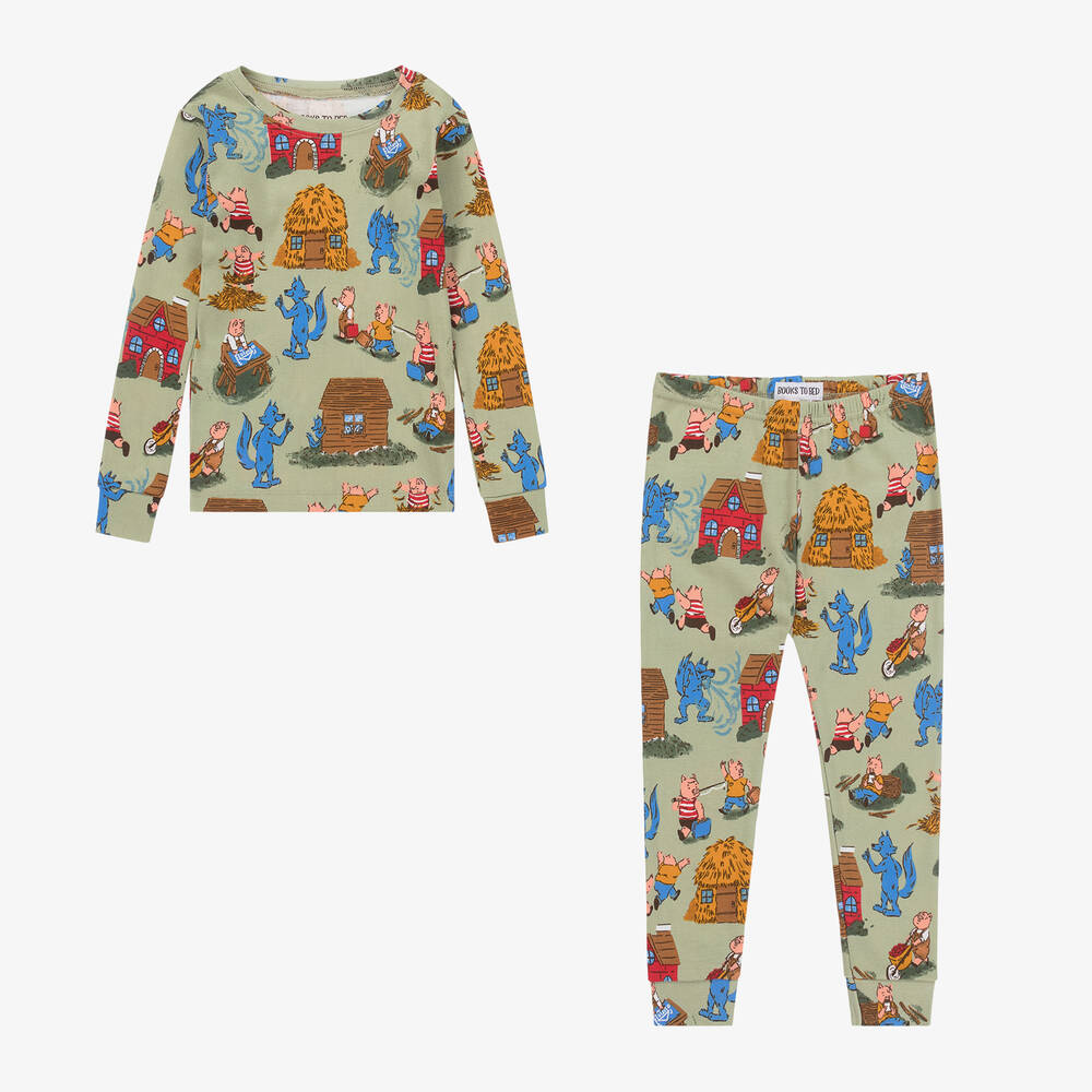 Books to Bed-Green Three Little Pigs Cotton Pyjamas & Book Set | Childrensalon