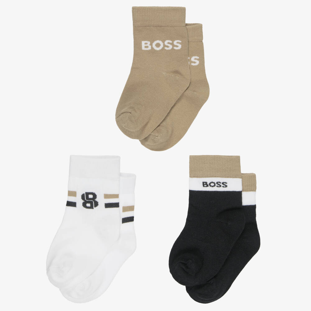 BOSS-Baby Boys Beige & Black Logo Socks (3 Pack) | Childrensalon