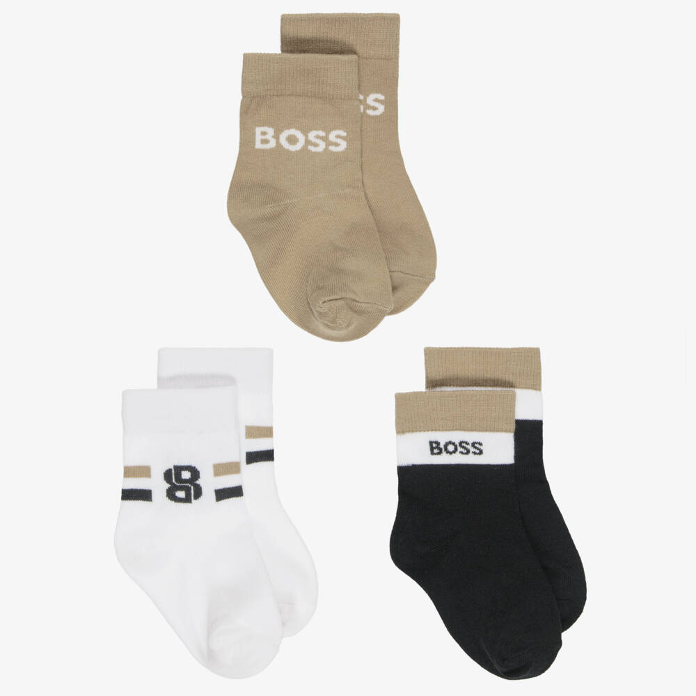 BOSS-Baby Boys Beige & Black Logo Socks (3 Pack) | Childrensalon