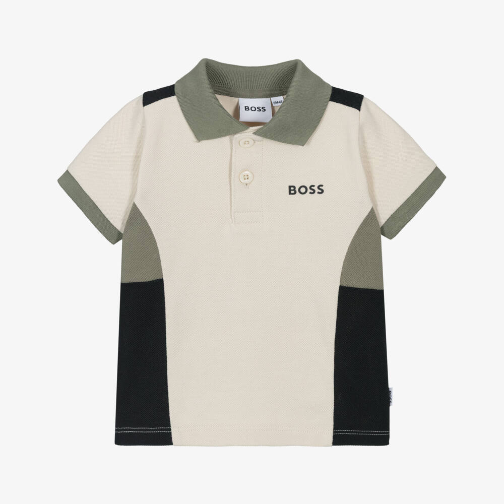 BOSS-Baby Boys Beige Colourblock Piqué Polo Shirt | Childrensalon