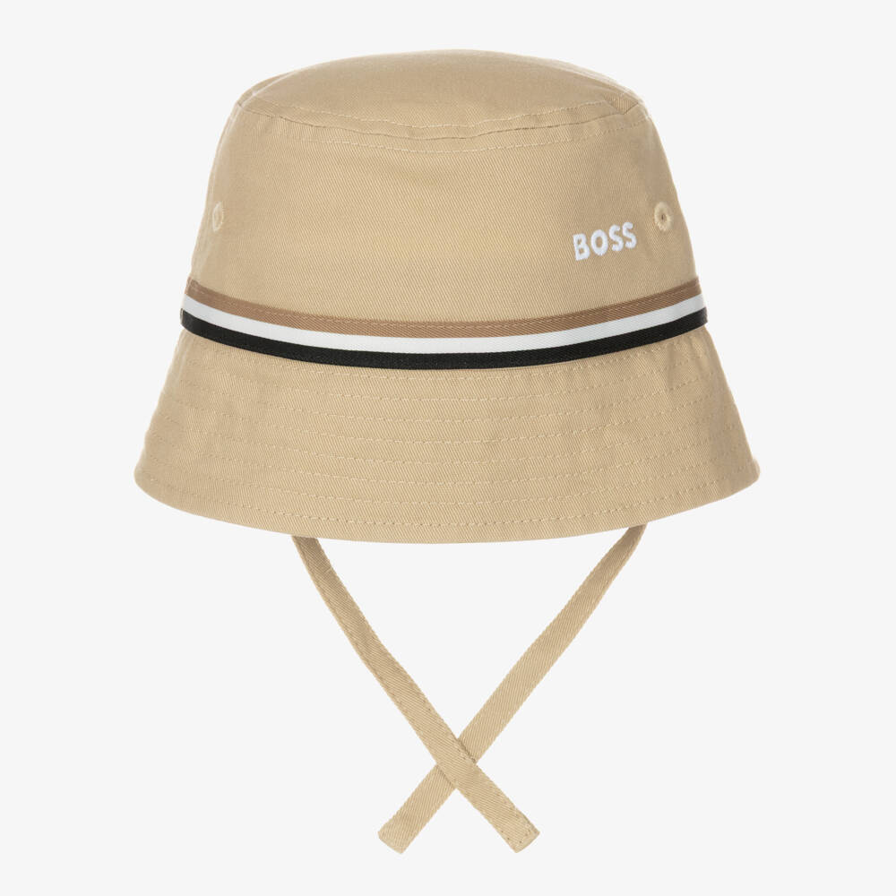 BOSS-Baby Boys Beige Cotton Bucket Hat with Stripe Trim | Childrensalon