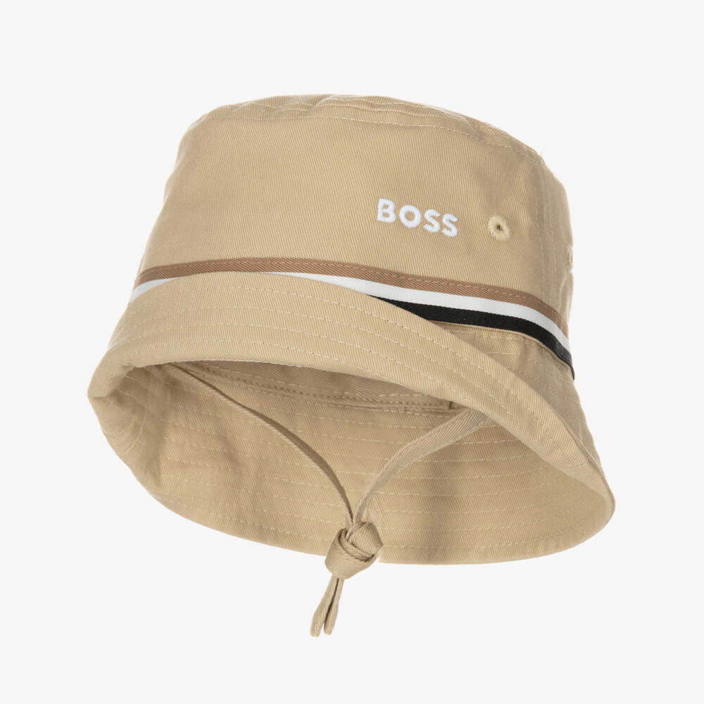 BOSS-Baby Boys Beige Cotton Bucket Hat with Stripe Trim | Childrensalon