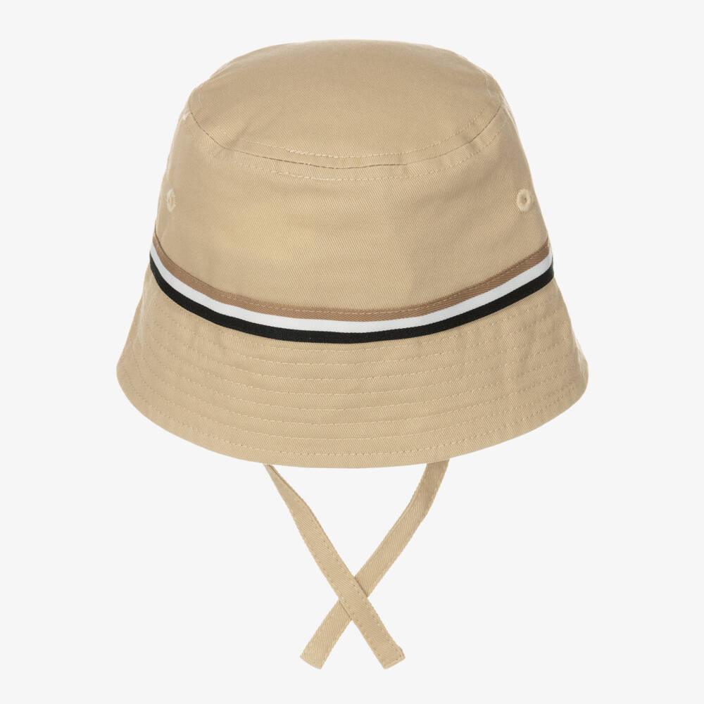 BOSS-Baby Boys Beige Cotton Bucket Hat with Stripe Trim | Childrensalon