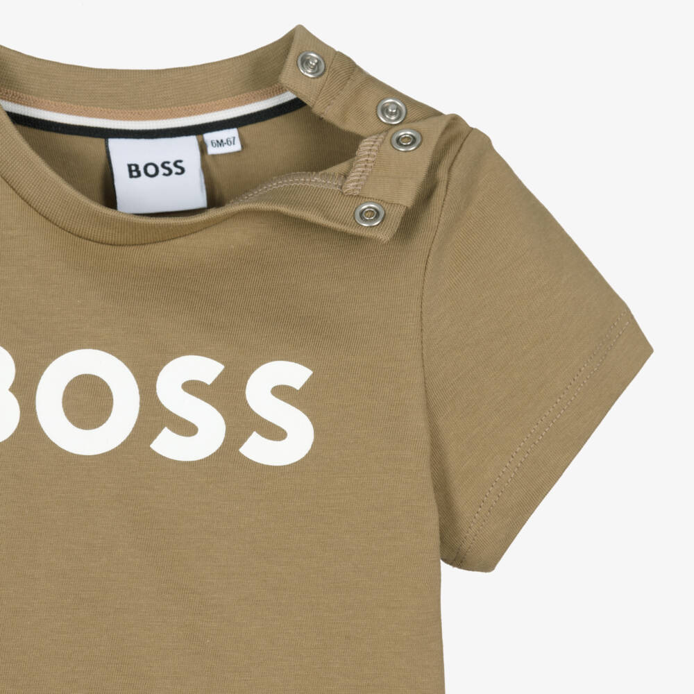 BOSS-Baby Boys Beige Cotton Crew Neck T-Shirt with Logo Print | Childrensalon