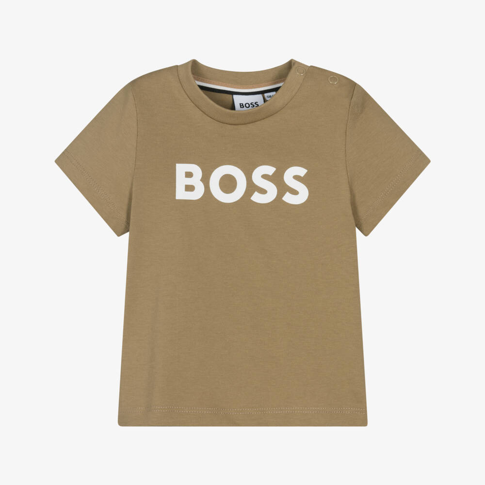 BOSS-Baby Boys Beige Cotton Crew Neck T-Shirt with Logo Print | Childrensalon