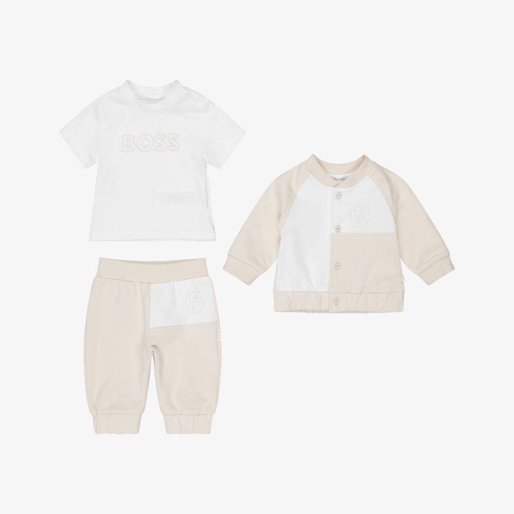 BOSS-Baby Boys Beige Cotton Double B Tracksuit Set | Childrensalon
