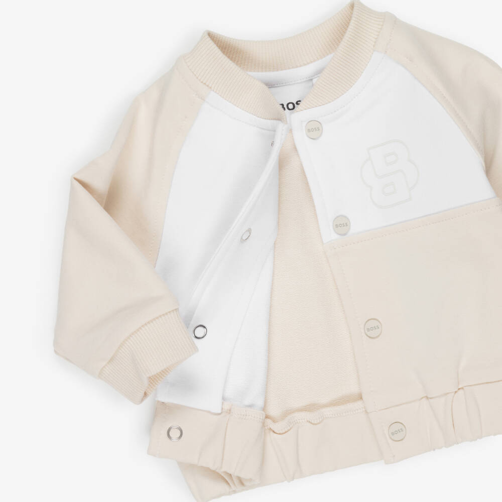 BOSS-Baby Boys Beige Cotton Double B Tracksuit Set | Childrensalon