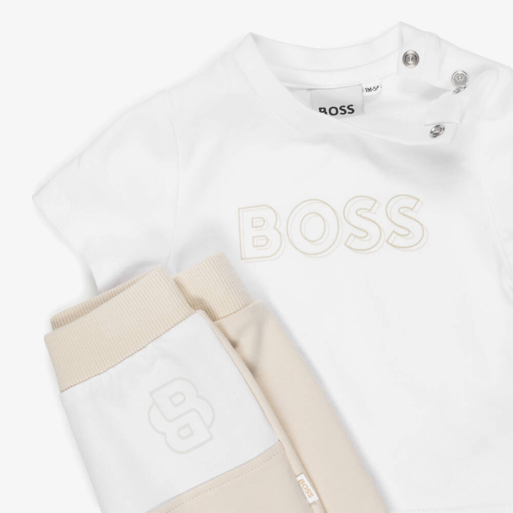 BOSS-Baby Boys Beige Cotton Double B Tracksuit Set | Childrensalon
