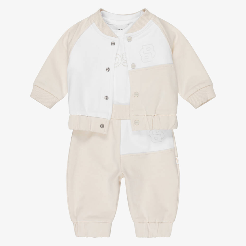 BOSS-Baby Boys Beige Cotton Double B Tracksuit Set | Childrensalon