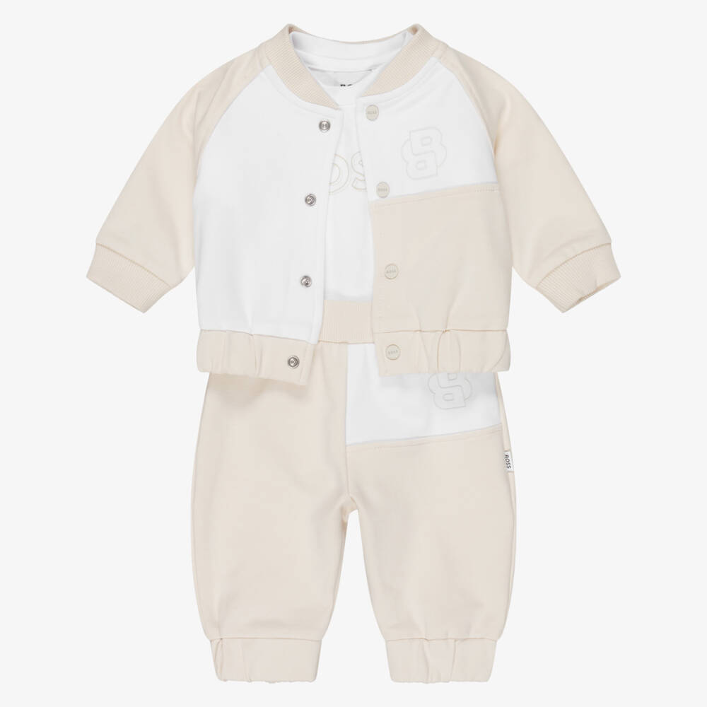 BOSS-Baby Boys Beige Cotton Double B Tracksuit Set | Childrensalon