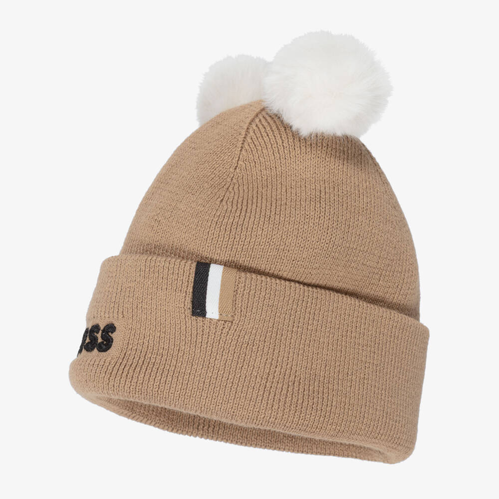 BOSS-Baby Boys Beige Cotton Knit Pom-Pom Hat | Childrensalon
