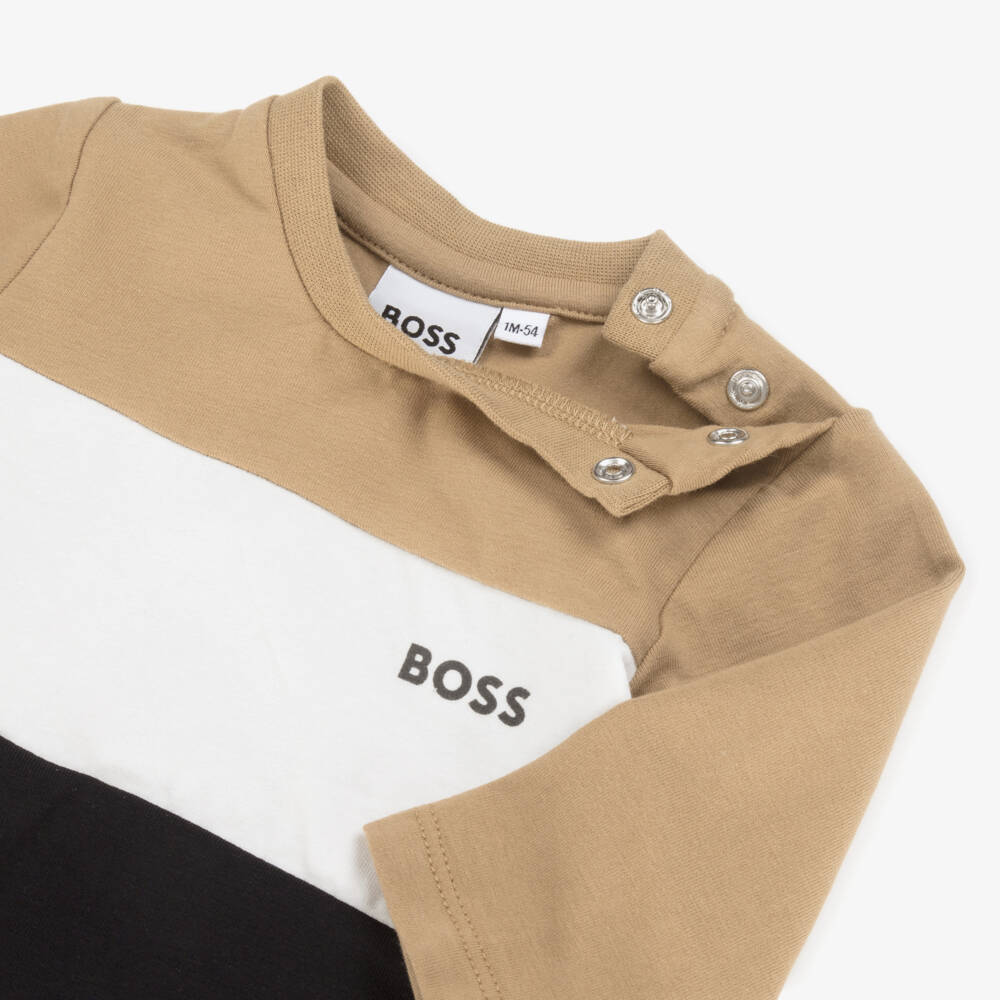BOSS-Baby Boys Beige Cotton Tracksuit Set With Tricolour Trims | Childrensalon