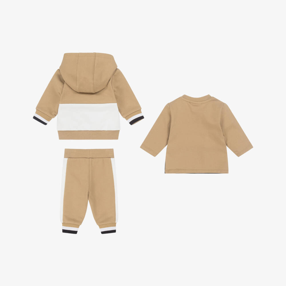 BOSS-Baby Boys Beige Cotton Tracksuit Set With Tricolour Trims | Childrensalon
