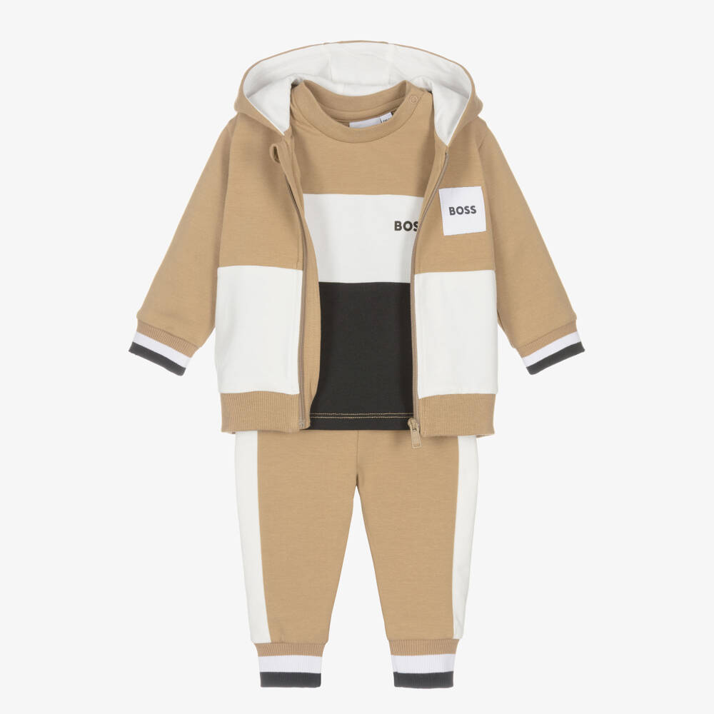 BOSS-Baby Boys Beige Cotton Tracksuit Set With Tricolour Trims | Childrensalon
