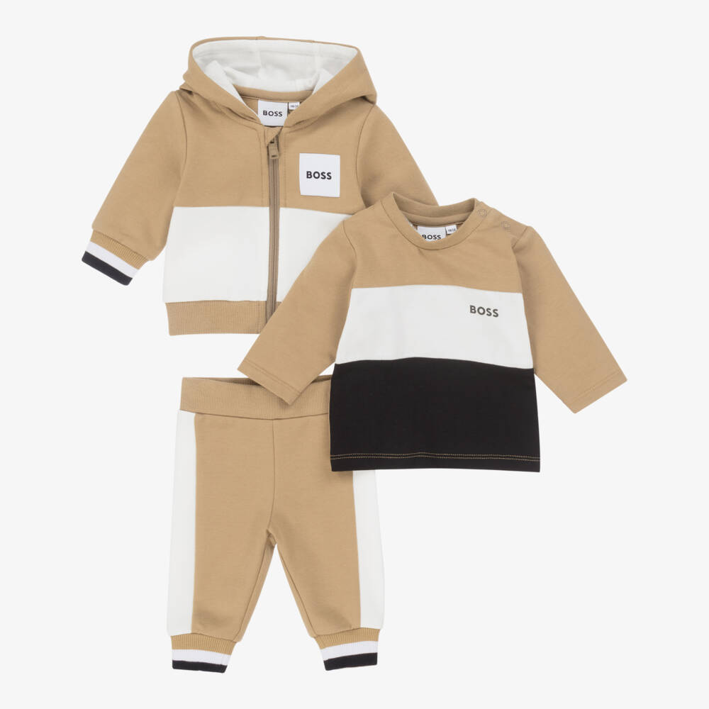 BOSS-Baby Boys Beige Cotton Tracksuit Set With Tricolour Trims | Childrensalon