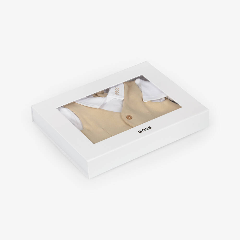 BOSS-طقم بودي سوت قطن لون بيج للأولاد الرضع | Childrensalon