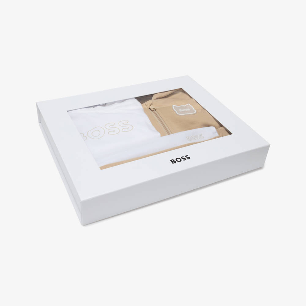 BOSS-Baby Boys Beige Hooded Tracksuit Set | Childrensalon