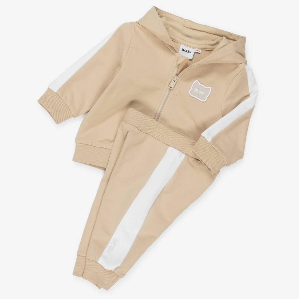 BOSS-Baby Boys Beige Hooded Tracksuit Set | Childrensalon