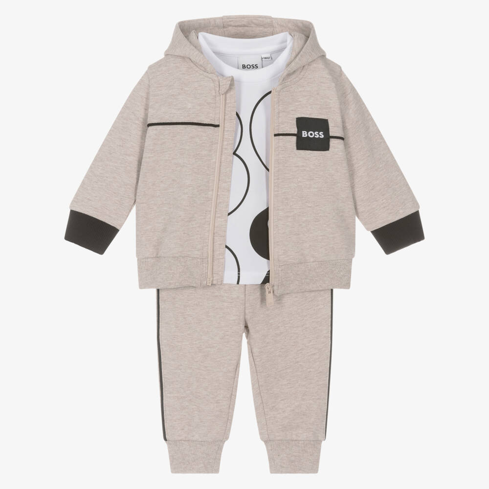 BOSS-Baby Boys Beige Marl Cotton Tracksuit Set | Childrensalon