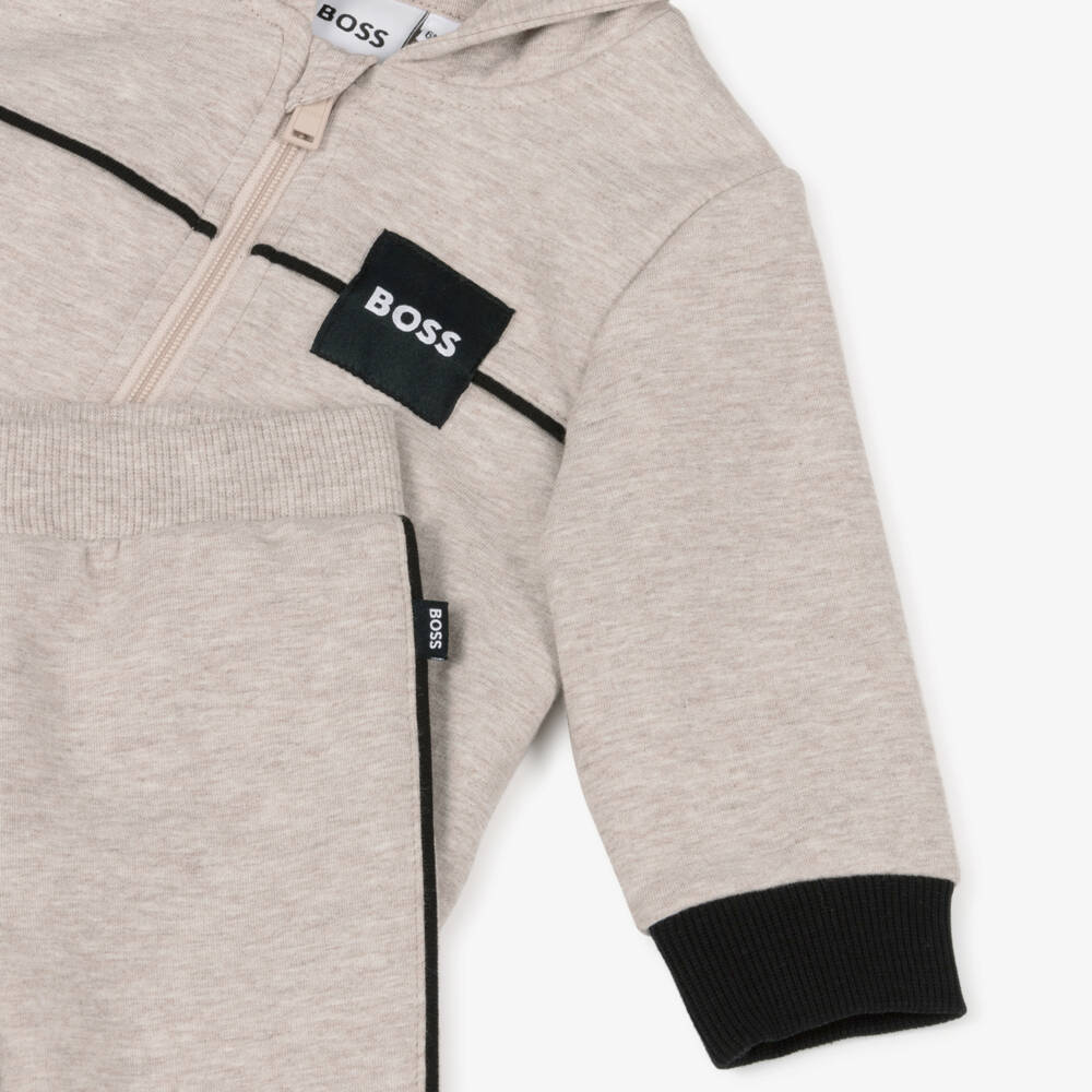 BOSS-Baby Boys Beige Marl Cotton Tracksuit Set | Childrensalon